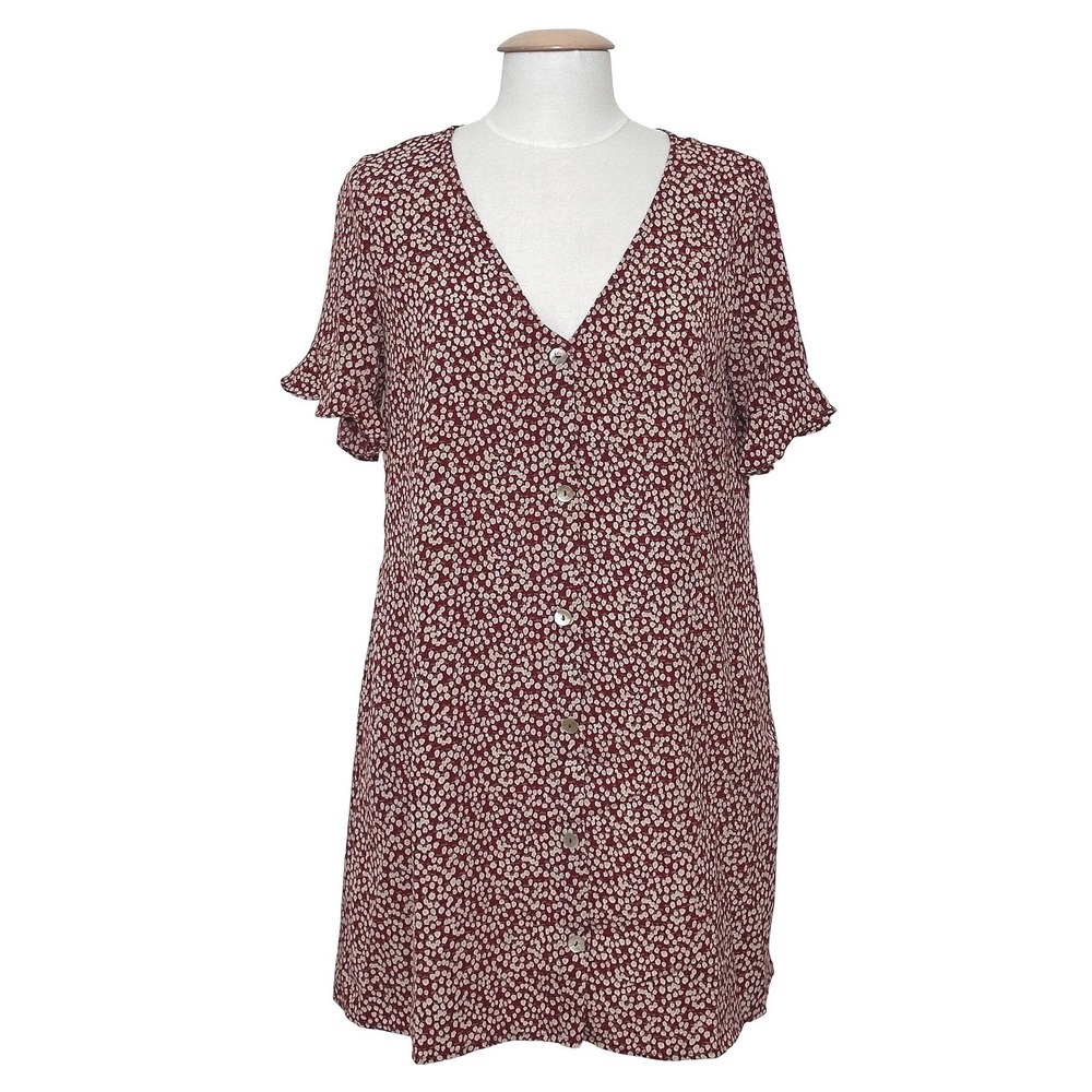 Polly Womens Dress 10 Burgundy Red Ditsy Floral Button Front Mini Boho Cottage